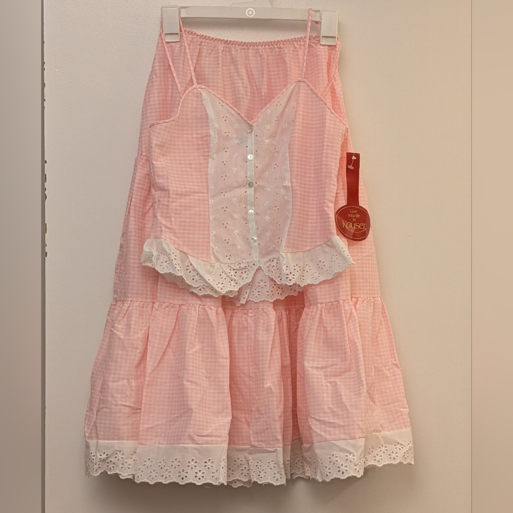 Kayser Vintage Pink and White Gingham With Lace Trim Camisole & Skirt Pajama Set